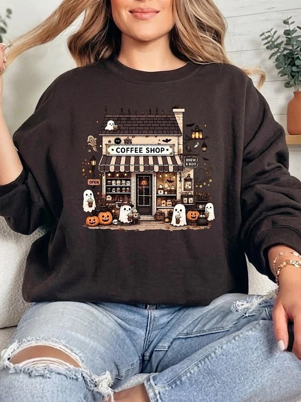 Coffee Shop Graphic Sweatshirt Halloween Fall Autumn Cafe Wear for Coffee Lovers - Picture 2 of 5